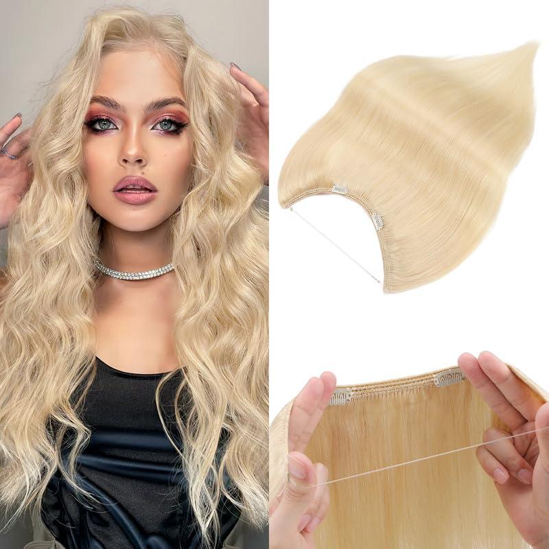 prokyvity Halo Hair Extensions Real Human Hair,Prokyvity Halo Hair Extension 100% Human Hair,Halo Extensions Real Human Hair,Human Hair Halo Extensions,Halo Hair Extension,60 Platinum Blonde 18inch