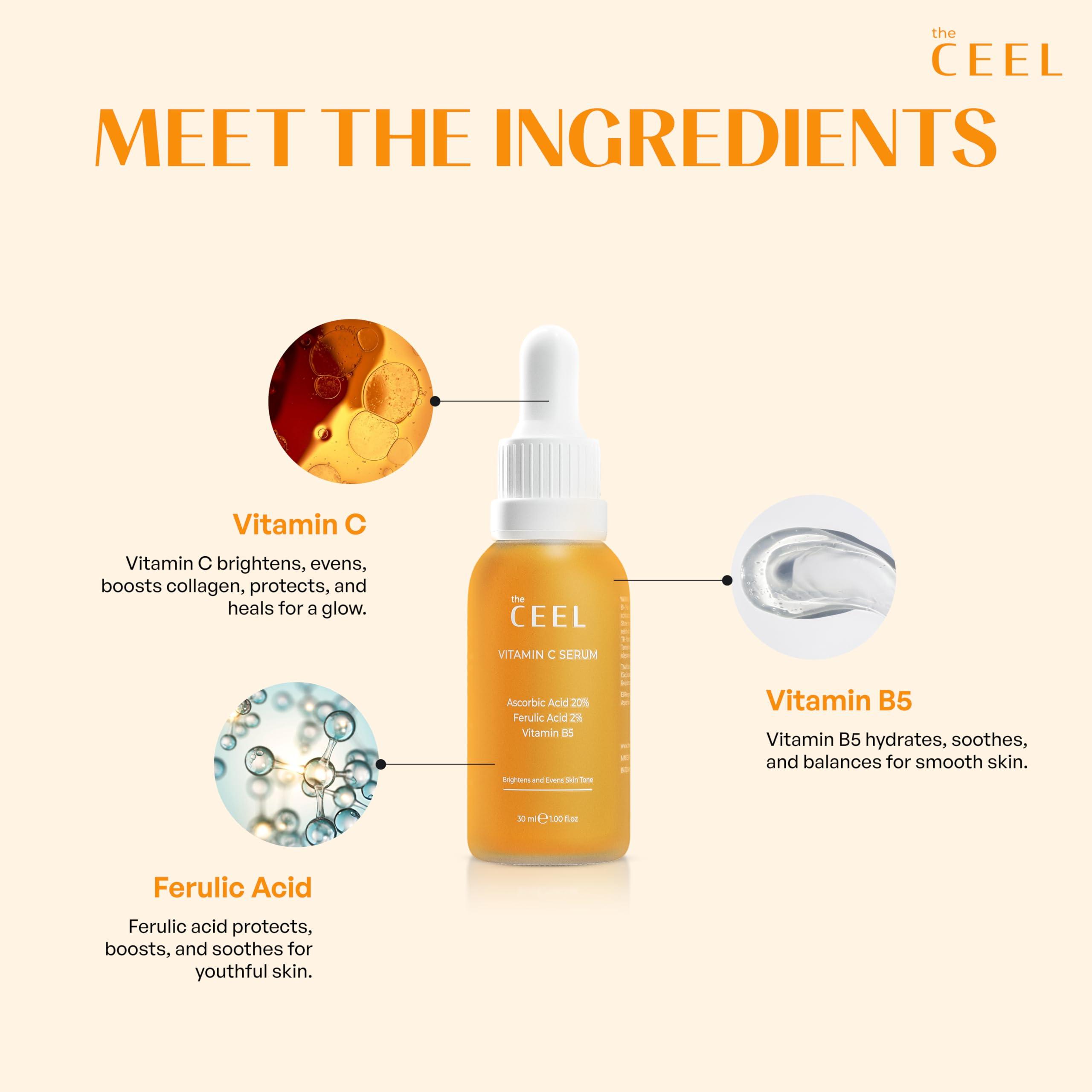 The Ceel The Ceel 20% Vitamin C Brightening Anti-Aging Serum for Face with Ascorbic, Ferulic Acid & Vitamin B5 - Paraben & Perfume Free Skin Care Formula for Hydration, Wrinkles, Dark Spots, & Radiance - 30ml