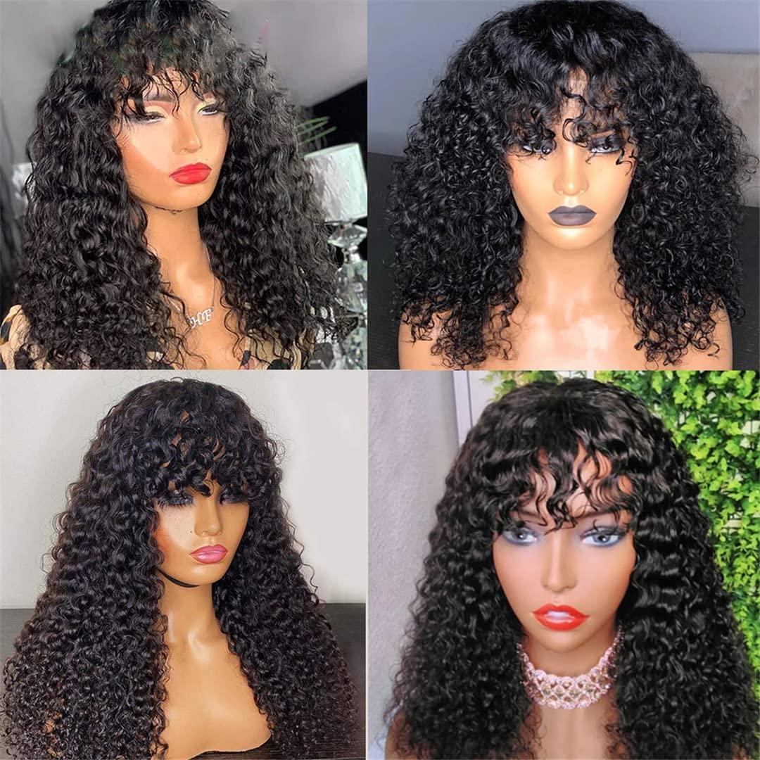 FInspiational Water Wave Wigs For Women Malaysian Curly Human Hair Wigs With Bangs Full Machine Made Wigs Glueless Remy Hair Wig 28inch