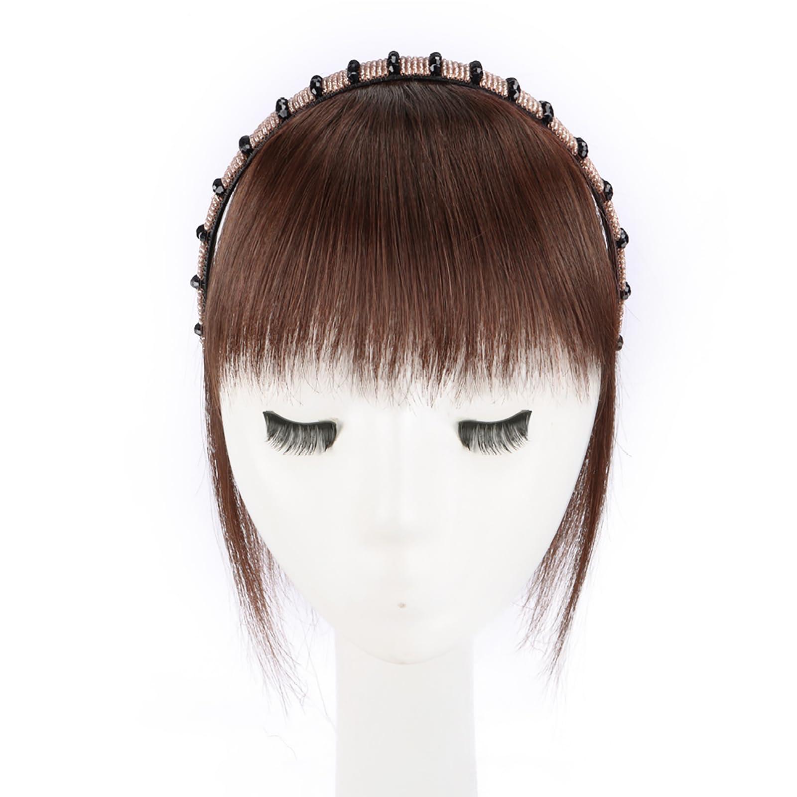 CEAeis CEAeis Synthetic Hair Fringe With Hair Band, Rhinestone Wide Headband Bangs Wig, Stylish Front Hair Bangs Headband for Women (Brown Black,25cm)