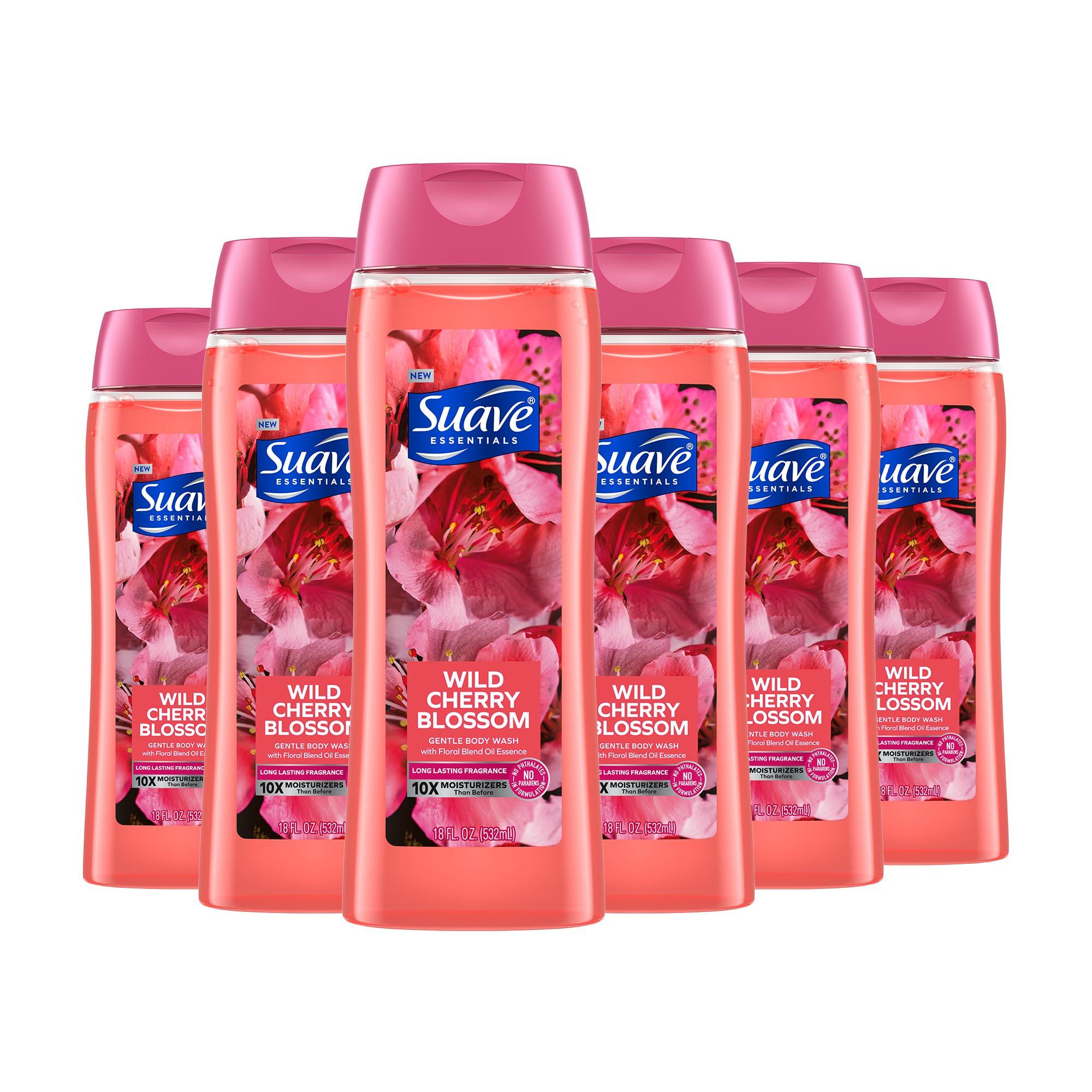 Suave Suave Body Wash Bundle with Wild Cherry Blossom, Juicy Apple, Vitamin E, 18 Oz Packs of 6