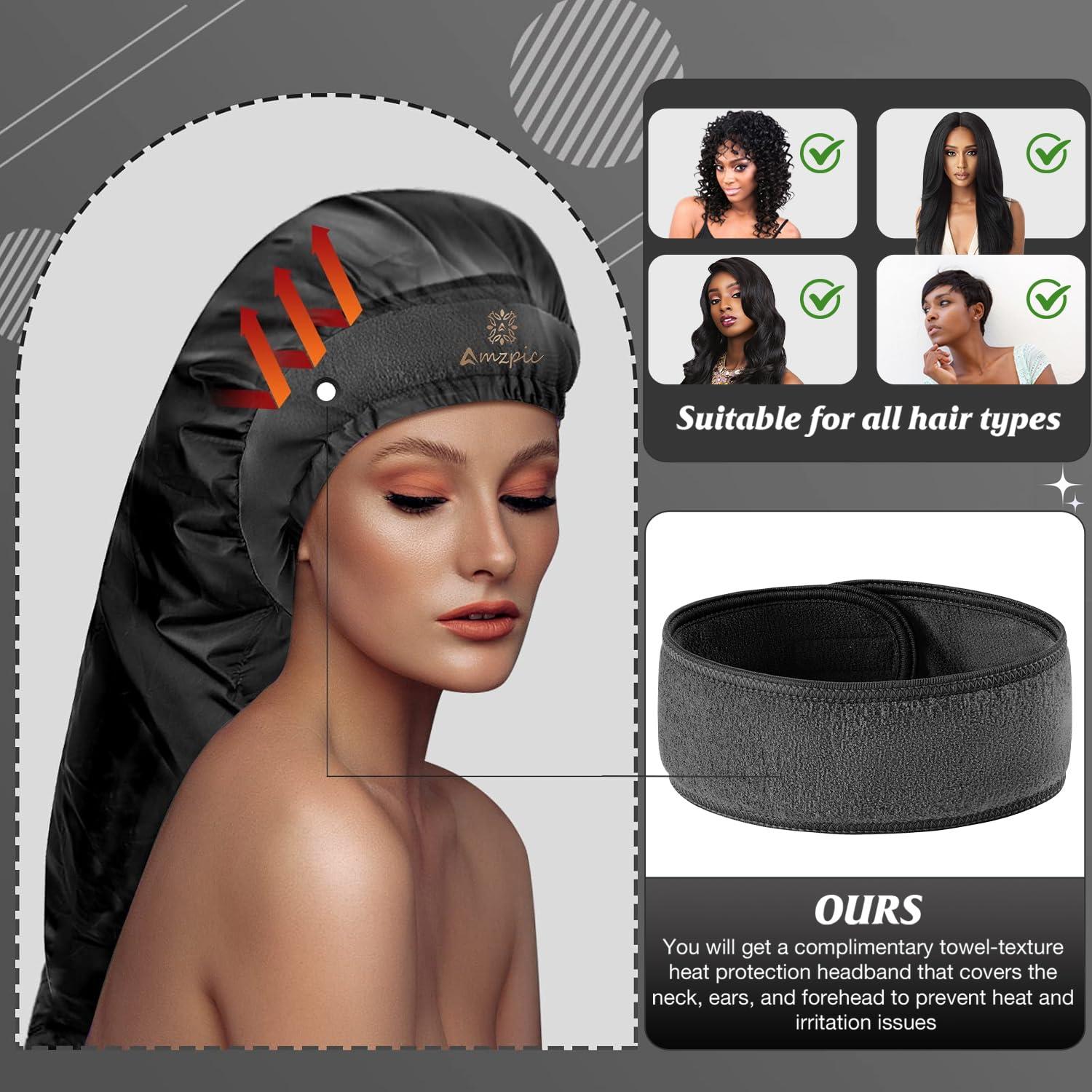 Amzpic Bonnet Hair Dryer Attachment - Bonnet Hood Dryer with Headband That Reduces Heat Around Ears and Neck, Use for Hair Styling, Hair Drying, Curling and Deep Conditioning (Extended Version, Black)