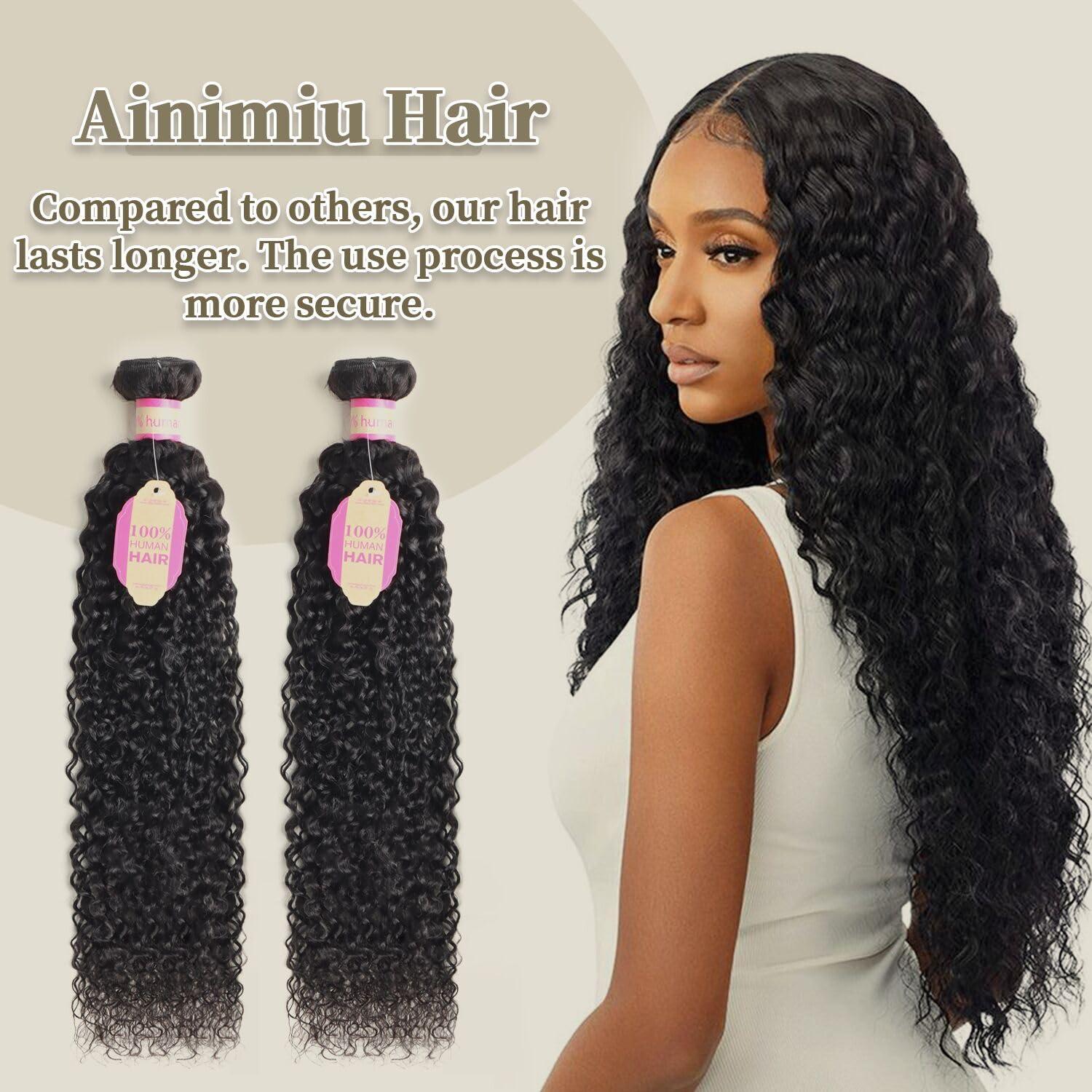 Ainimiu Curly Wave Human Hair 4 Bundles Brazilian Raw Virgin Hair Weave Bundles Jerry Curly Wet And Wavy 12A Grade Long Unprocessed Human Hair Extensions Natural Black 20 22 24 26 inch 100g/pc