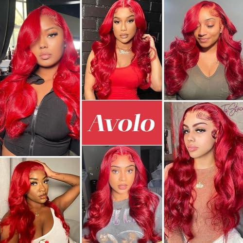 Avolo Avolo 13x4 Red Human Hair Wigs 32 Inch Red Colored Human Hair Lace Front Wigs Body Wave Red Lace Front Wig Human Hair Pre Plucked Red Wig Human Hair With Baby Hair 180% Density Glueless Wig