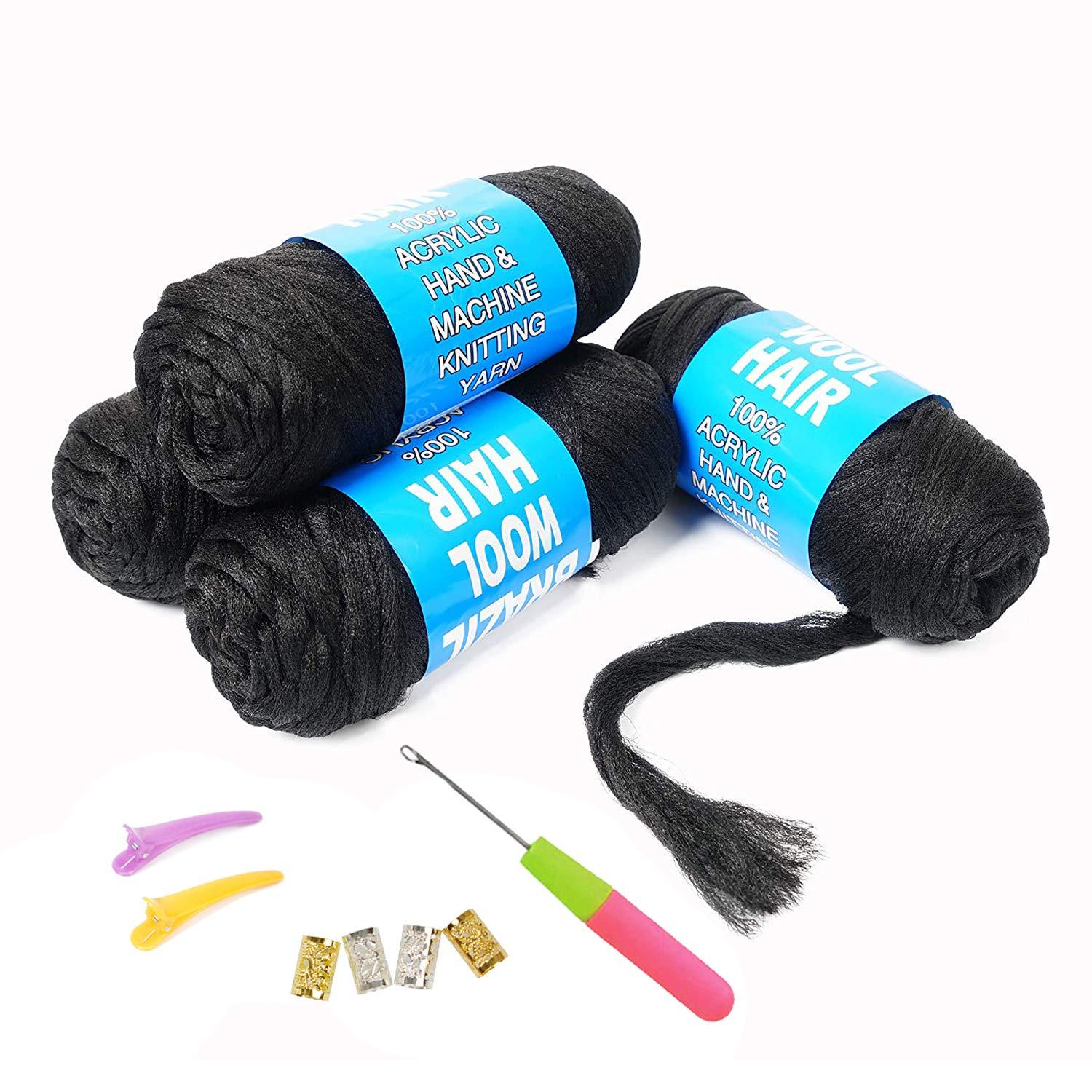 Youngther 100% Brazilian Wool Hair Acrylic Yarn for African Braids/Senegalese Twist/Faux Locs/Wraps with Crochet Hook(4 Roll, Natural Black)