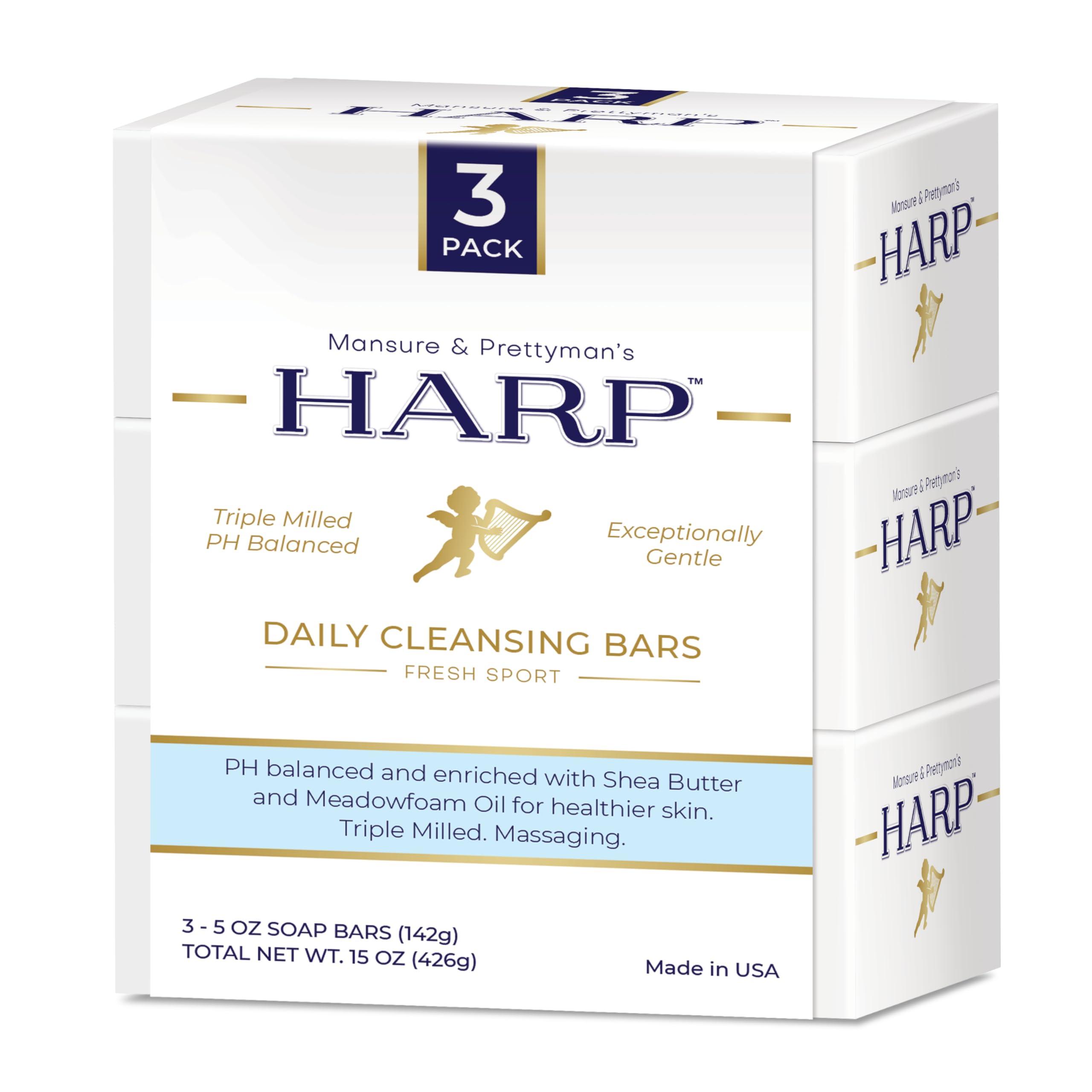 Mansure & Prettyman's HARP HARP pH-Balanced (5.0-6.0) Body Wash Bar - Exceptionally Gentle For Dry or Sensitive Skin + Shea Butter + Borage Oil | Non-Comedogenic | Soap-Free, Lye-Free. FRESH SPORT FRAGRANCE