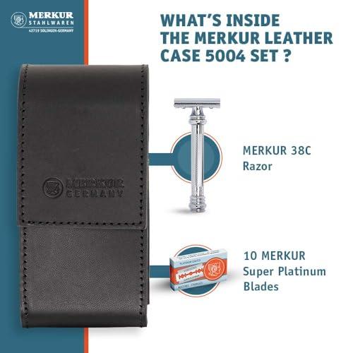 MERKUR MERKUR 5004 Travel Shaving Set featuring MERKUR 38C Two-piece Safety Razor with Long Handle & Bright Chrome Finish, 10 Double Edge Blades & Black Leather Case | Made In Germany