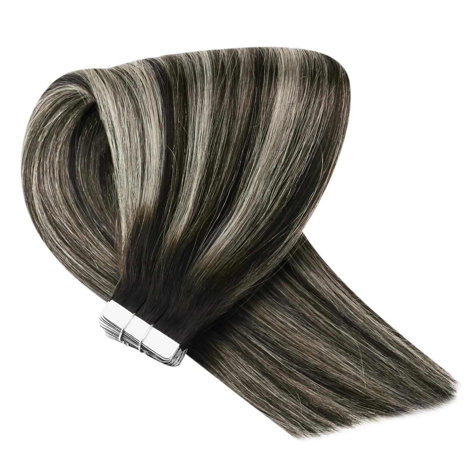 Sunny Hair Sunny Hair Extensions Real Human Hair Tape in Black Ombre Tape in Hair Extensions Human Hair Black Roots to Silver Grey Balayage Tape in Extensions Straight Hair Extension Black Ombre 20pcs 50g 20inch