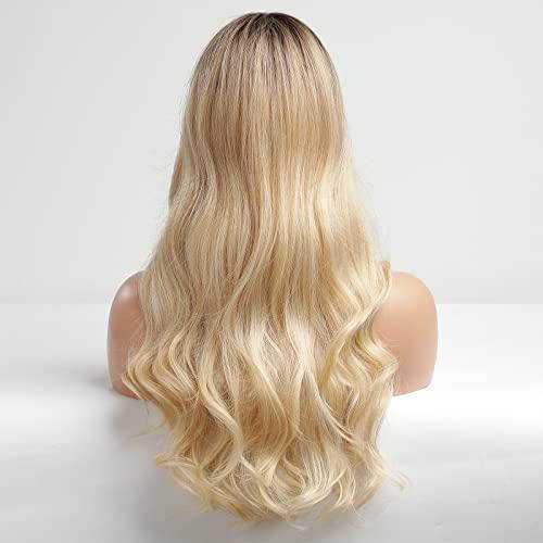 EMMOR EMMOR Long Curly Blonde Wigs for Women Middle Part Synthetic Wig Natural Looking Heat Resistant Fiber Lace Wigs 26 Inch (Creamy Blonde)