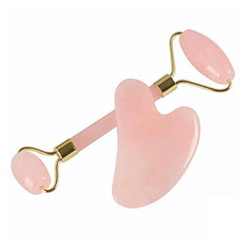 fengshuisale Feng Shui Anti Aging Jade Roller for face and Gua Sha Scraping Massage Tool Set Therapy, New 100% Natural Rose Quartz Jade Roller & Gua Sha Set W3405