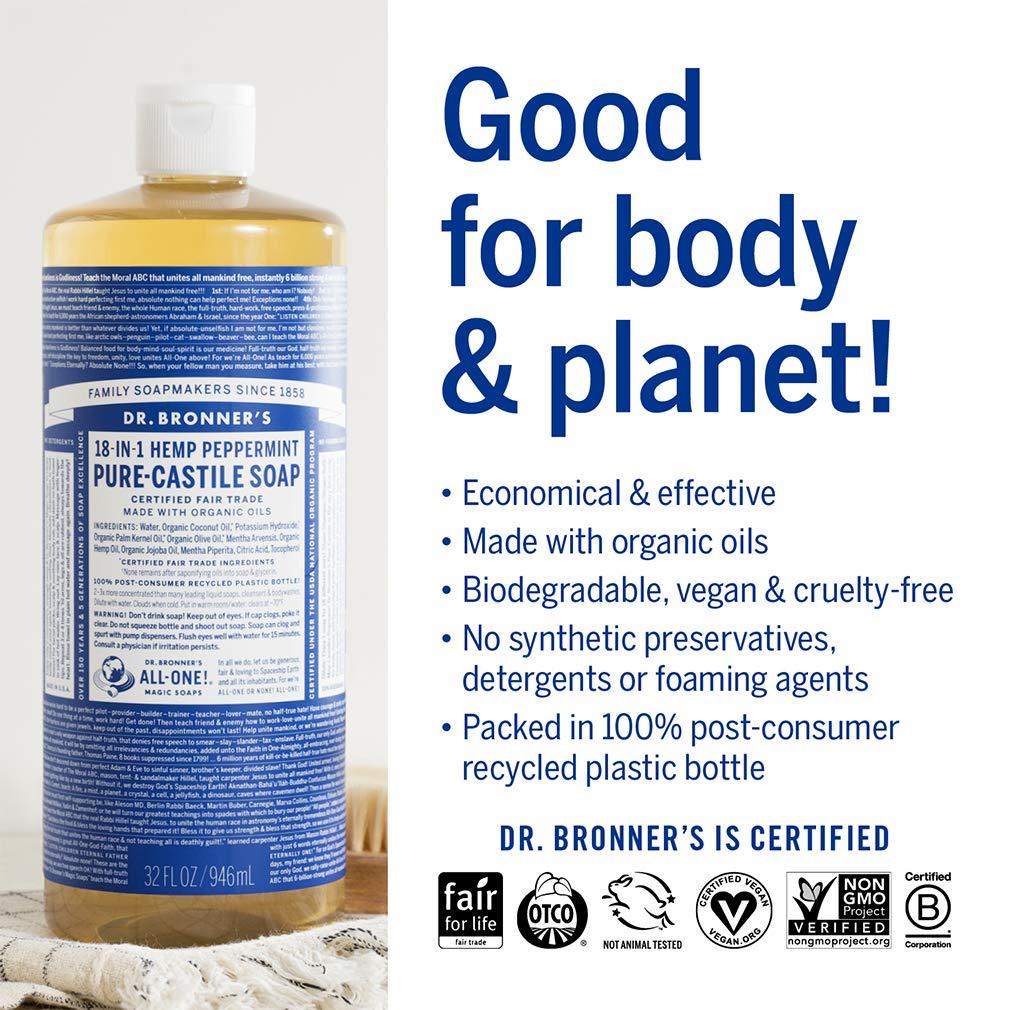 Dr. Bronner's Dr. Bronners - Pure-Castile Liquid Soap (Peppermint, 32 ounce) - Made with Organic Oils, 18-in-1 Uses: Face, Body, Hair, Laundry, Pets and Dishes, Concentrated, Vegan, Non-GMO