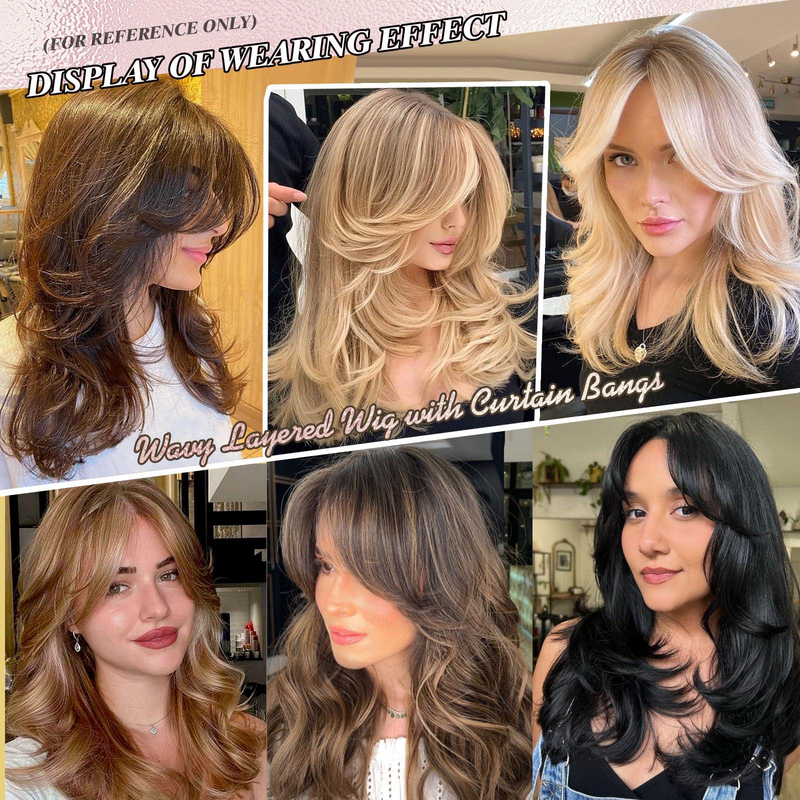 LEOSA LEOSA Dark Brown Wig with Curtain Bangs Layered Wig for Women Brown Hair Wig Shoulder-Length Wavy Wig Long Dark Brown Synthetic Wigs with Bangs for White Women Medium Brown Wig for Daily Party Use