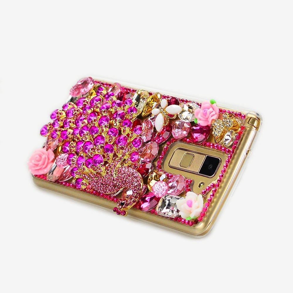 STENES STENES LG Stylo 2 Case - Luxurious Series 3D Handmade Sparkly Crystal Bling Cover Hybrid Drop Bumper Protection Case With Retro Bows Anti Dust Plug - Luxury Peacock Butterfly Flowers/Hot Pink
