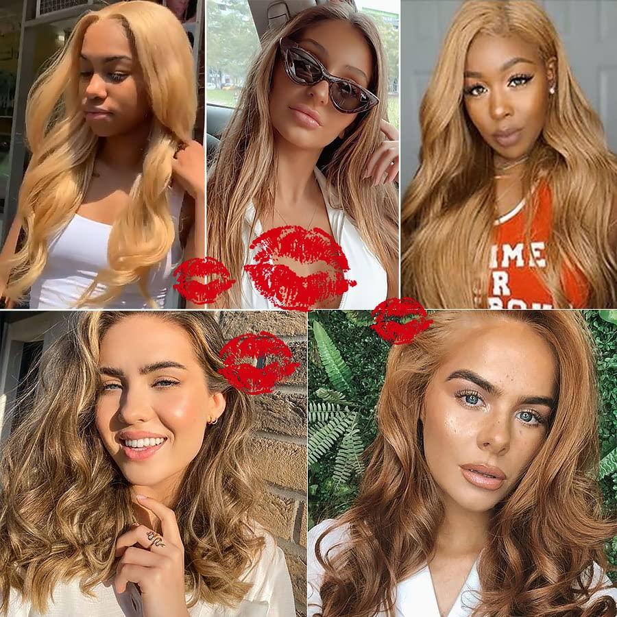 YOUNGHANN Blonde Bundles Human Hair #27 Bundles Blonde Body Wave Bundles Human Hair 14 16 18 Inch Double Weft Weave Extensions Hair Honey Blonde 3 Bundles 300g For Women