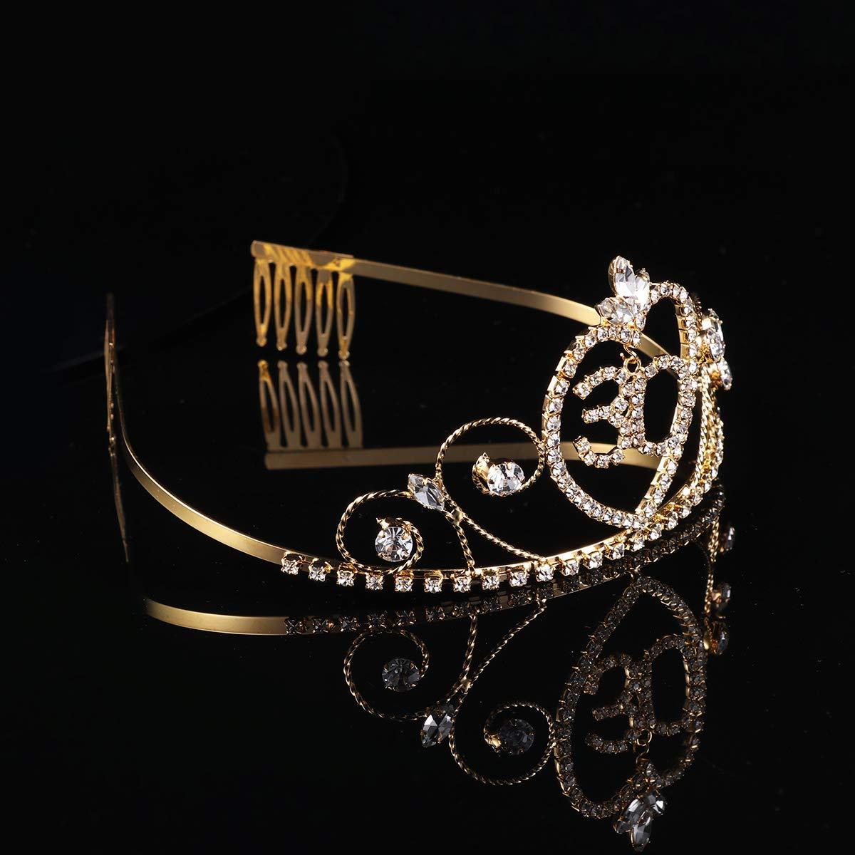 Beaupretty Beaupretty 30 Birthday Crown with Hair Comb Rhinestone Princess Tiara Happy Birthday Crowns 30st BirthdayParty Supplies (Golden)