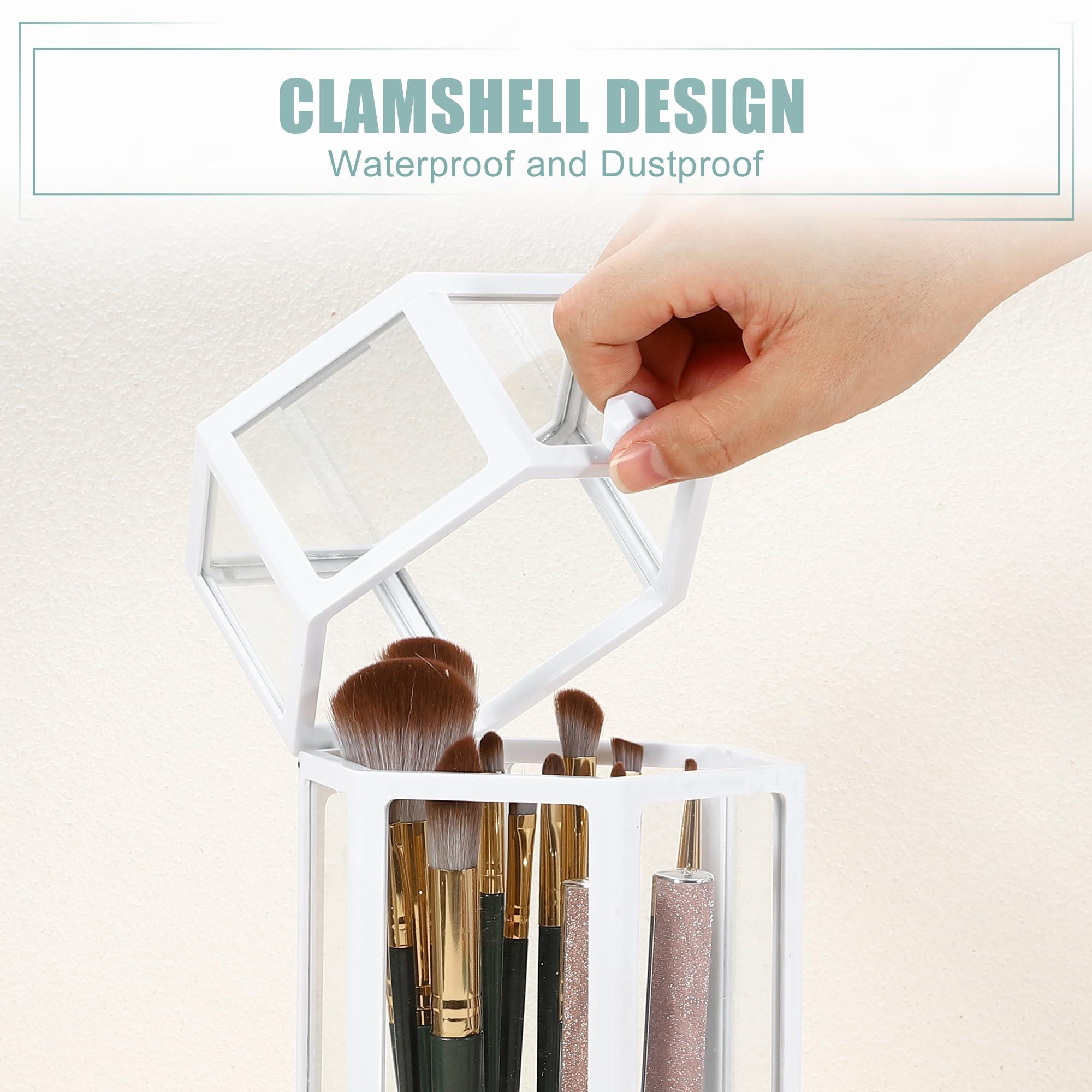 VOCOSTE VOCOSTE Clear Makeup Brush Holder, Dustproof Makeup Brush Storage Box with Lid, Glass Makeup Brush Holder for Vanity, Hexagon with Pink Faux Pearl, White