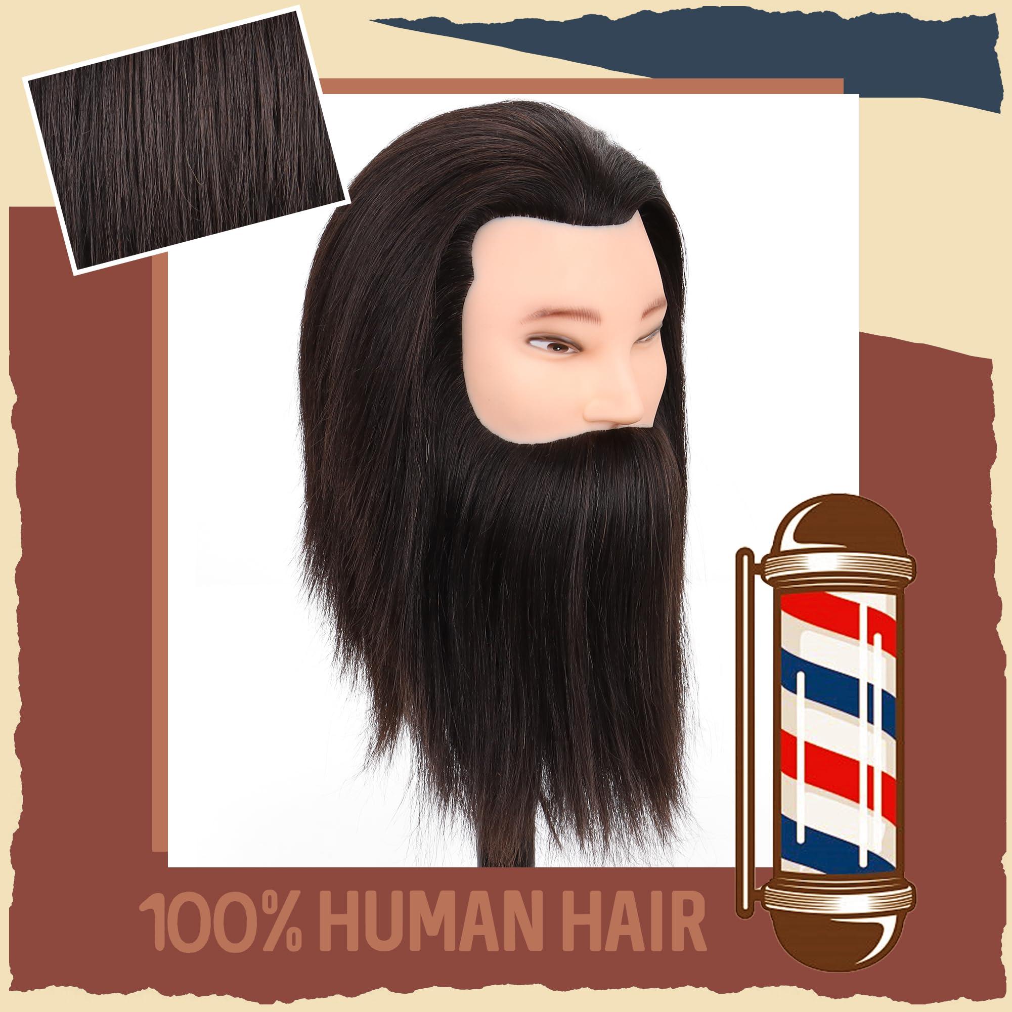 MannequeenHead Male Mannequin Head with Human Hair Barber Mannequin Head Beard Practice Male Haircut 100% Manikin Head Doll Head for Hairdresser Cutting Styling with Clamp Stand-Black