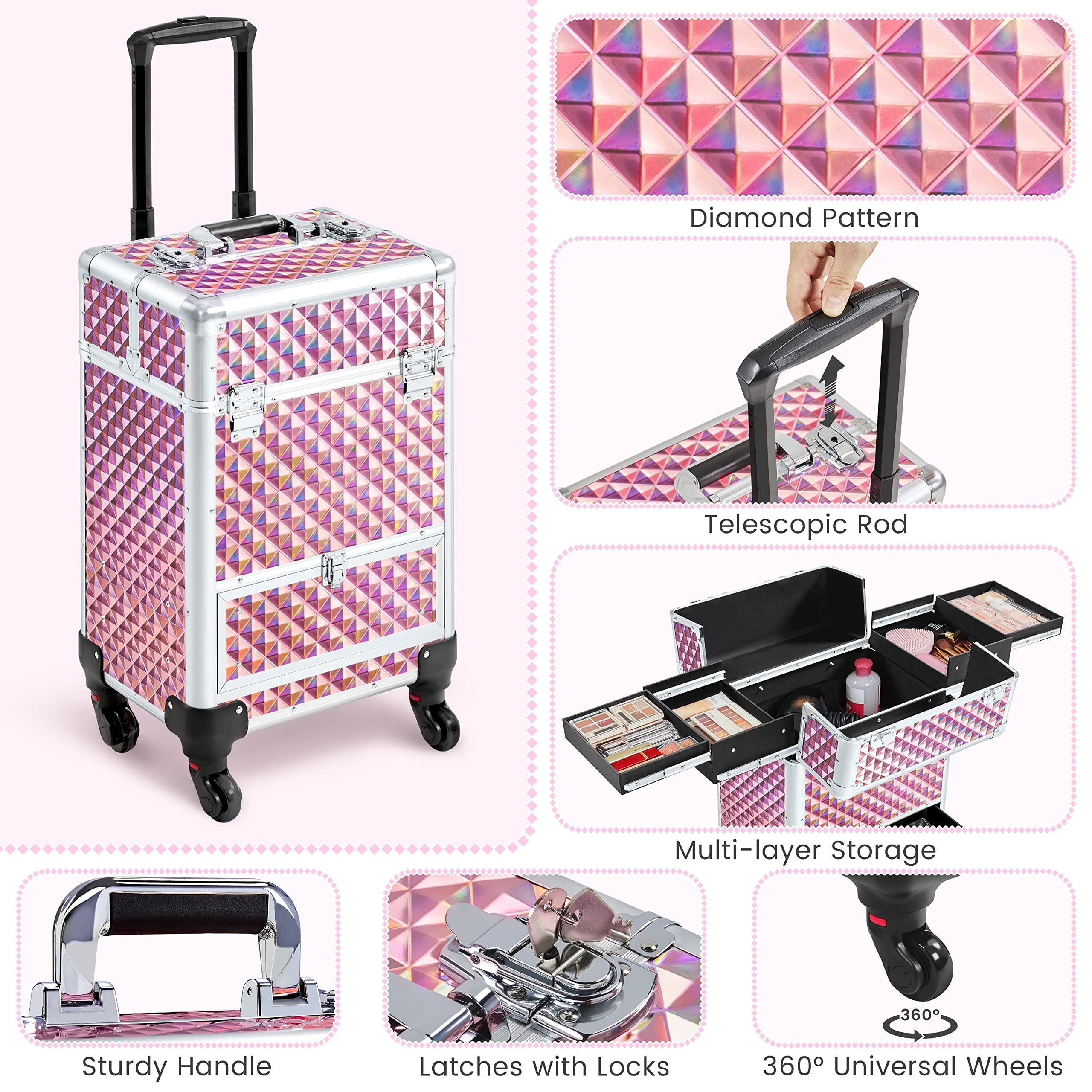Yaheetech Yaheetech Rolling Makeup Train Case Aluminum Cosmetic Case with Wheels Barber Case Salon Lockable Travel Trolley with Sliding Drawers Removable Divider, Pink/Silver