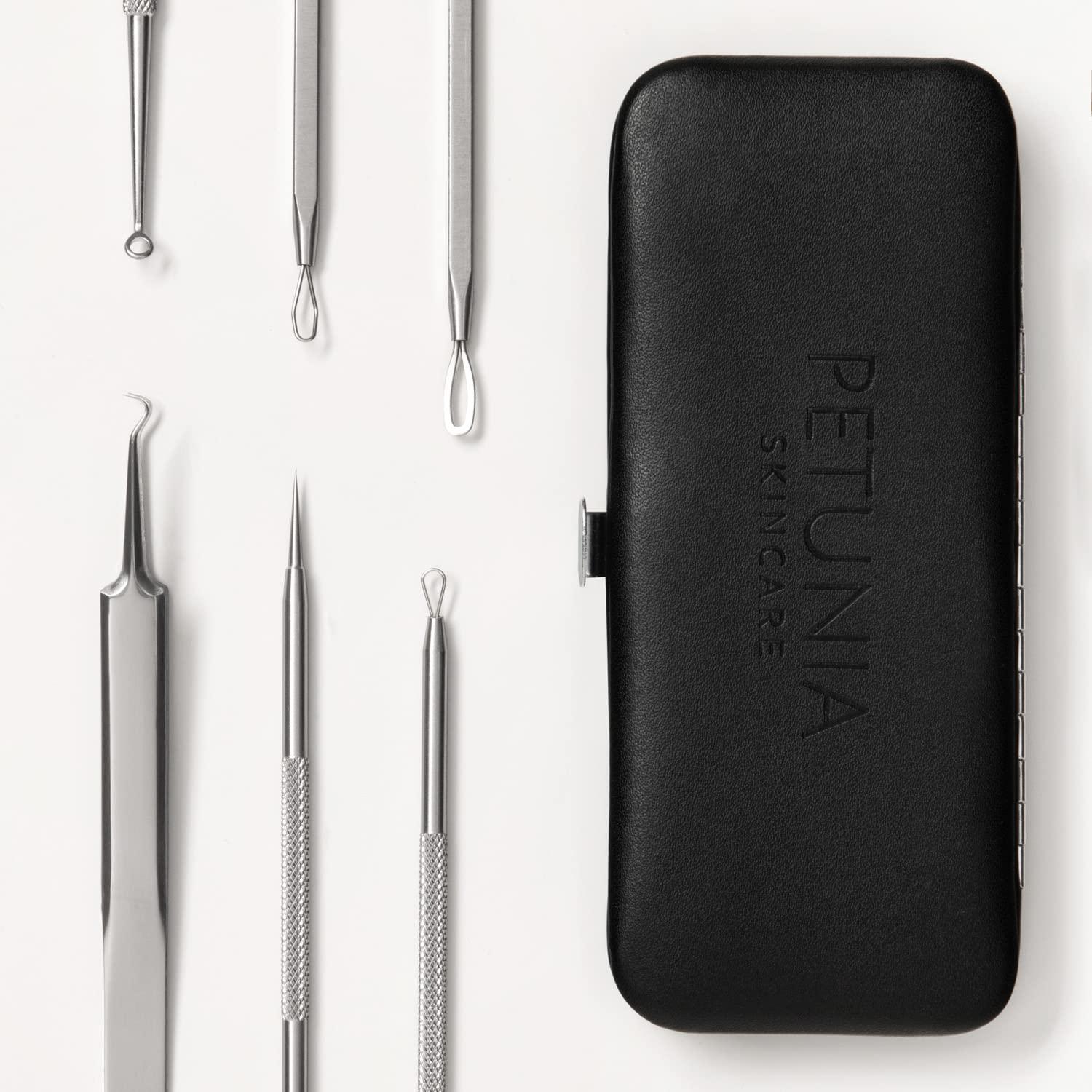 PETUNIA SKINCARE 6 Piece Set Pimple Popper Blackhead Remover and Acne Extractor Kit Specifically Treats Face Blemishes Zits and Whiteheads - Perfect Stocking Stuffer, Includes Giftbox and Travel Case
