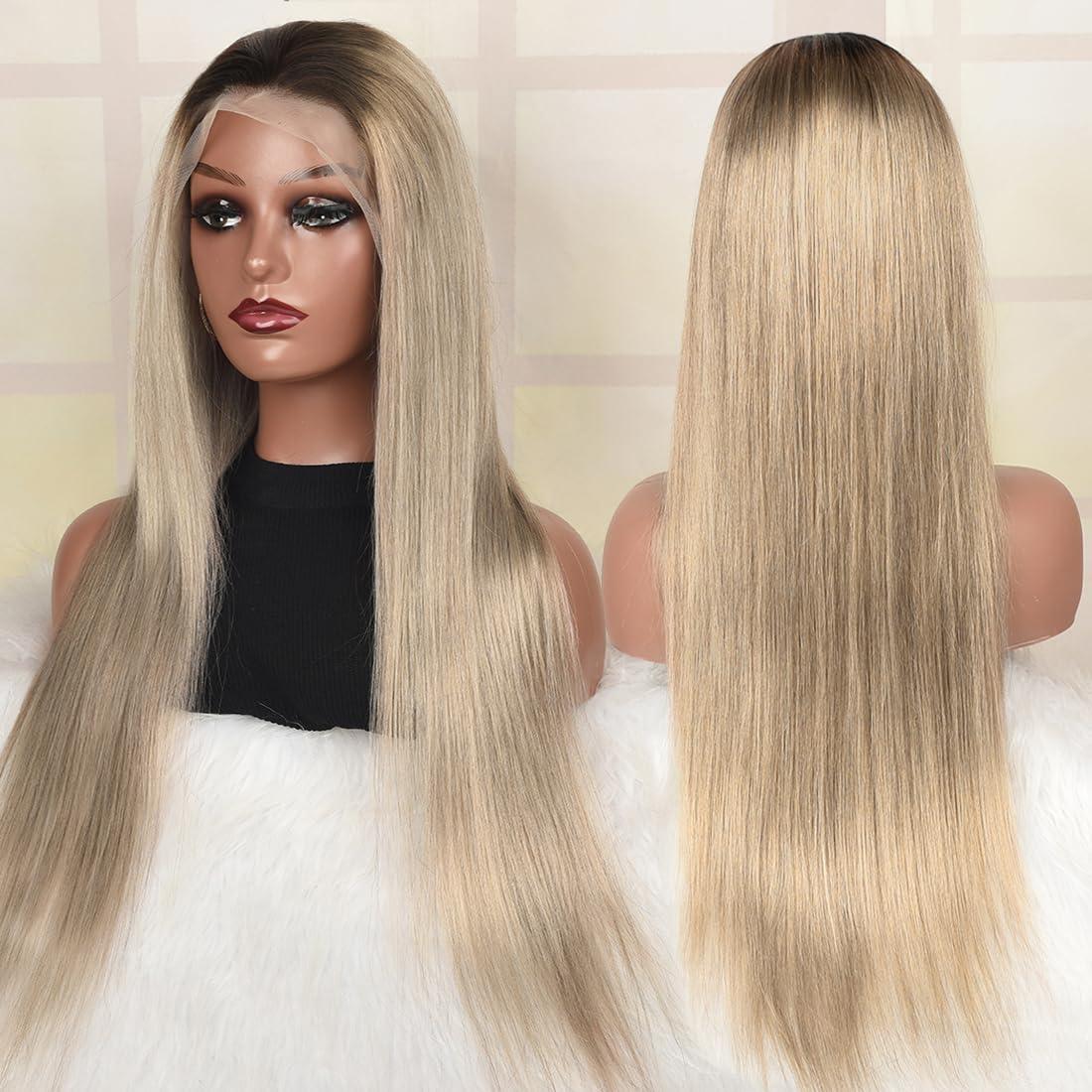 koinu Ash Blonde Wig Human Hair 13x4 Transparent Lace Front Wigs Human Hair 200% Density Ash Blonde Straight Lace Front Wigs for Black Women Pre Plucked Dark Brown Roots Human Hair Wig Pre Plucked 30 Inch