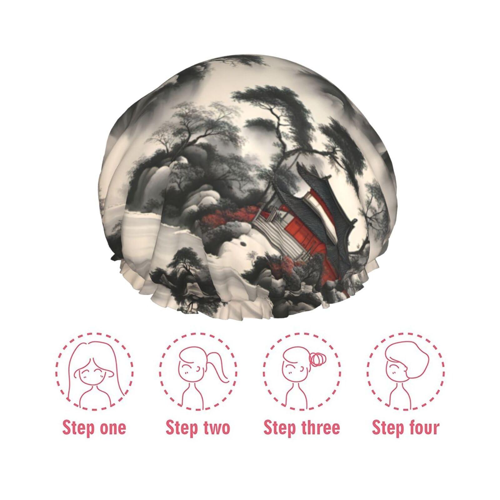 QHWLR Cap For And Women Stylish Shower Capslandscape Paintingprint With Reusable Waterproof Bathing Shower Hat For Ladies