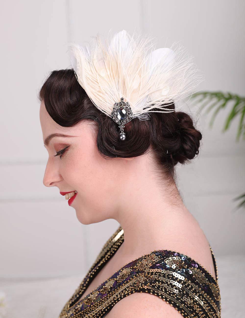 Aimimier Aimimier 1920s Flapper Feather Hair Clip Ivory Headpiece Prom Party Roaring 20s Accessories for Women