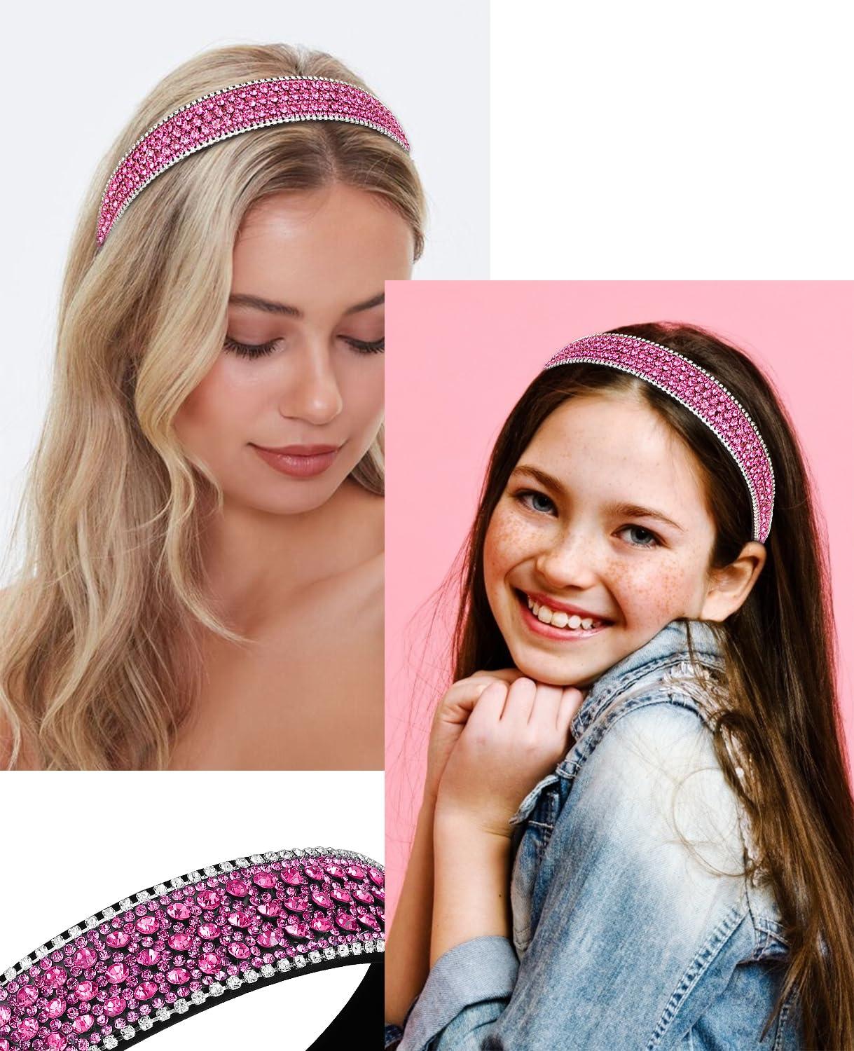 Wecoe Wecoe Hot Pink Rhinestone Headband - Bling Sparkly Crystal Diamond Thin Hair Band for Women, Girls, Holiday, Birthday Gift