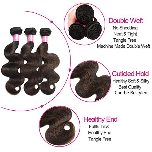 Lovenea Lovenea Body Wave Bundles with Frontal Human Hair (14 16 18+12) 13x4 Lace Frontal Closure with 3 Bundles Brazilian Body Wave Human Hair Weave Extensions FB30 Color (14 16 18+12)