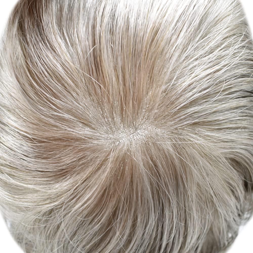 Generic Toupee for Men Human Hair Replacement Systems Full French Lace Mens Toupee Hairpieces Bleached Knots Swiss lace Hair Systems for Men All Lace Male Wig Unit(7X9\"-120% density#550 Medium Light Brown with 50% Gray )