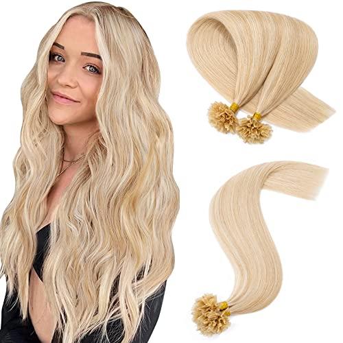 Hairro Hairro U Tip Hair Extensions Pre Bonded Fusion Hair Utip 100% Human Hair Glue Stick U-tip Remy Tipped Hairpiece Nail Tipped Hair Extension 100 Strands 50g 18" #18P613 Ash Blonde Mix Bleach Blonde