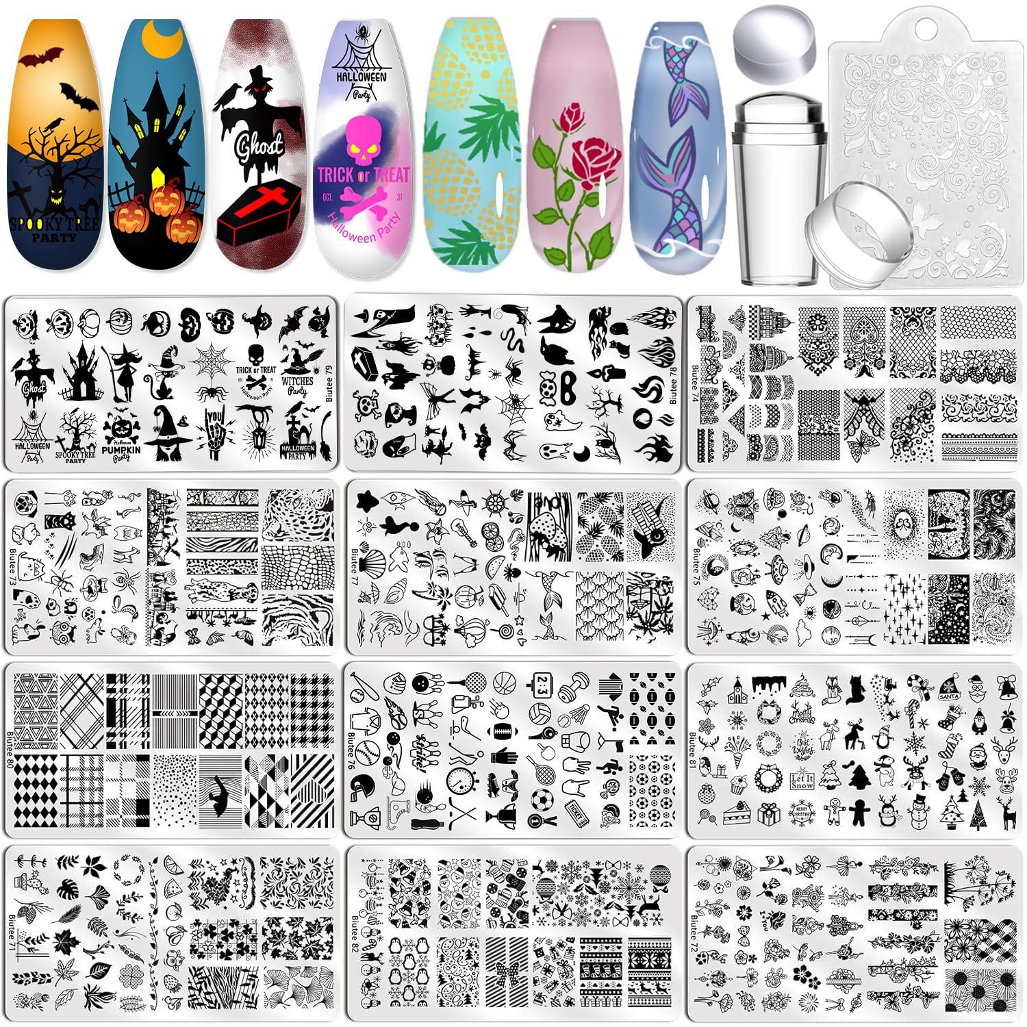 Biutee Biutee Nail Art Stamping Plate Set Nail Stamping Kit with Silicone Nail Stamper Flower Leaves Animal Lace Star Rose Holiday Design Nail Stamp Plate Valentine Nail Stamp Template