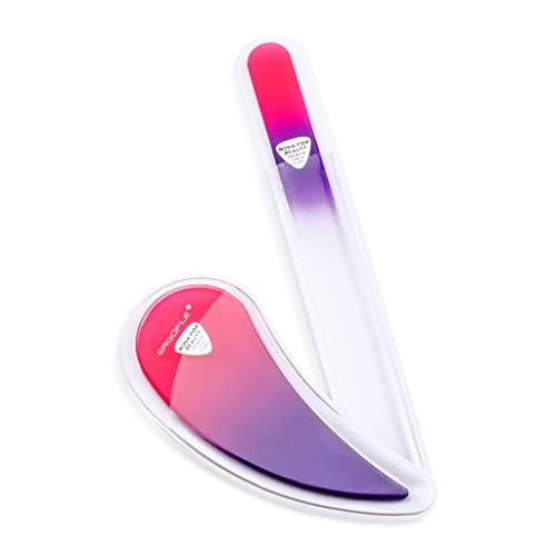 BONA FIDE BEAUTY Glass Nail File Manicure Set, Comfort Grip Ergonomic Drop Ergofile (Pink/Violet) Czech Glass with Glass Cuticle Pusher (Clear), Elegant Gift Nail Care Tools by Bonafide Beauty Genuine Czech Glass