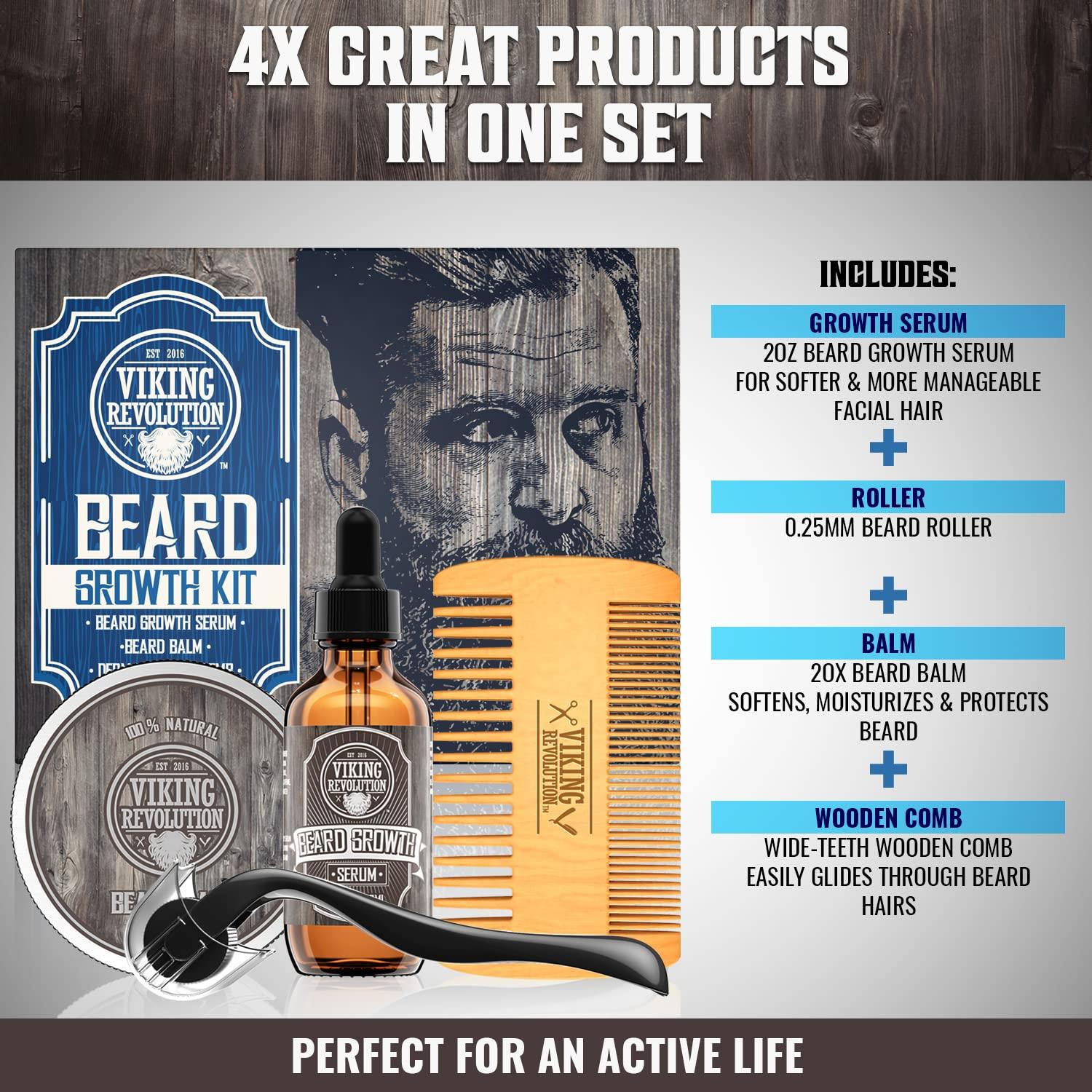 Viking Revolution Beard Growth Kit - Oil, Balm, Serum, Derma Roller & Wooden Comb for Beard & Mustache Growth