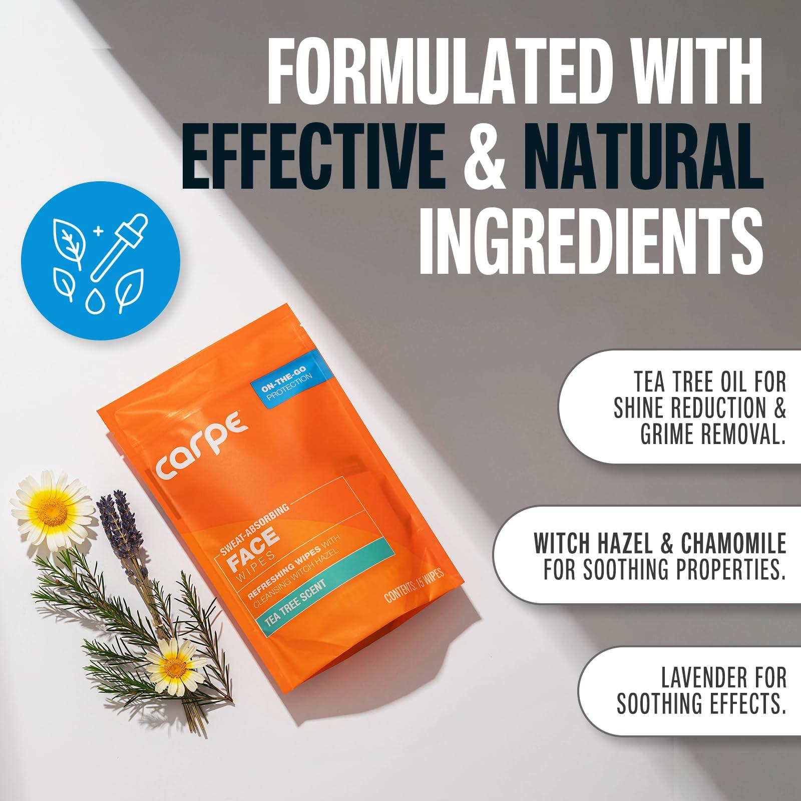 Carpe Carpe Sweat Absorbing Face Wipes (15 Facial Wipes). Witch Hazel & Tea Tree Oil Wipes Infused with Eucalyptus. Energizing, Refreshing, and Soothing. Sweat and Oil Control