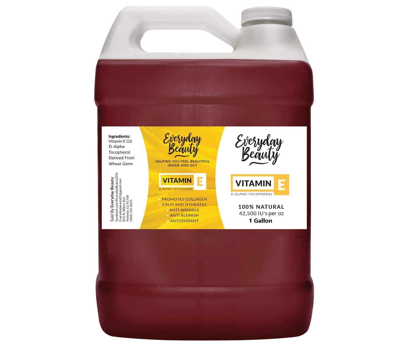Everyday Beauty Helping You Feel Beautiful Inside Vitamin E Oil Bulk - 1 Gallon - D-Alpha Tocopherol 100% Pure & All Natural 42,500 IU per oz - Thick, Amber Color, Nutty Aroma - From Wheat Germ - Face Body Hair - DIY Cosmetics & After Surgery Scars