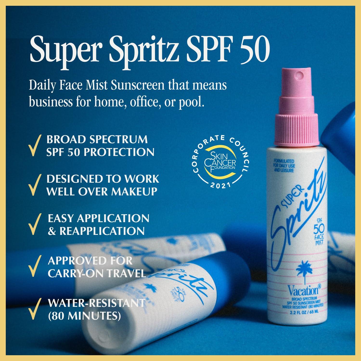 VACATION Vacation Super Spritz SPF 50 Face Mist & Air Freshener Bundle, Daily Face Sunscreen Spray, Clean & Lightweight Feel, Water-Resistant, Non-Comedogenic, Vegan, Travel Size, 2.2 Fl. Oz.