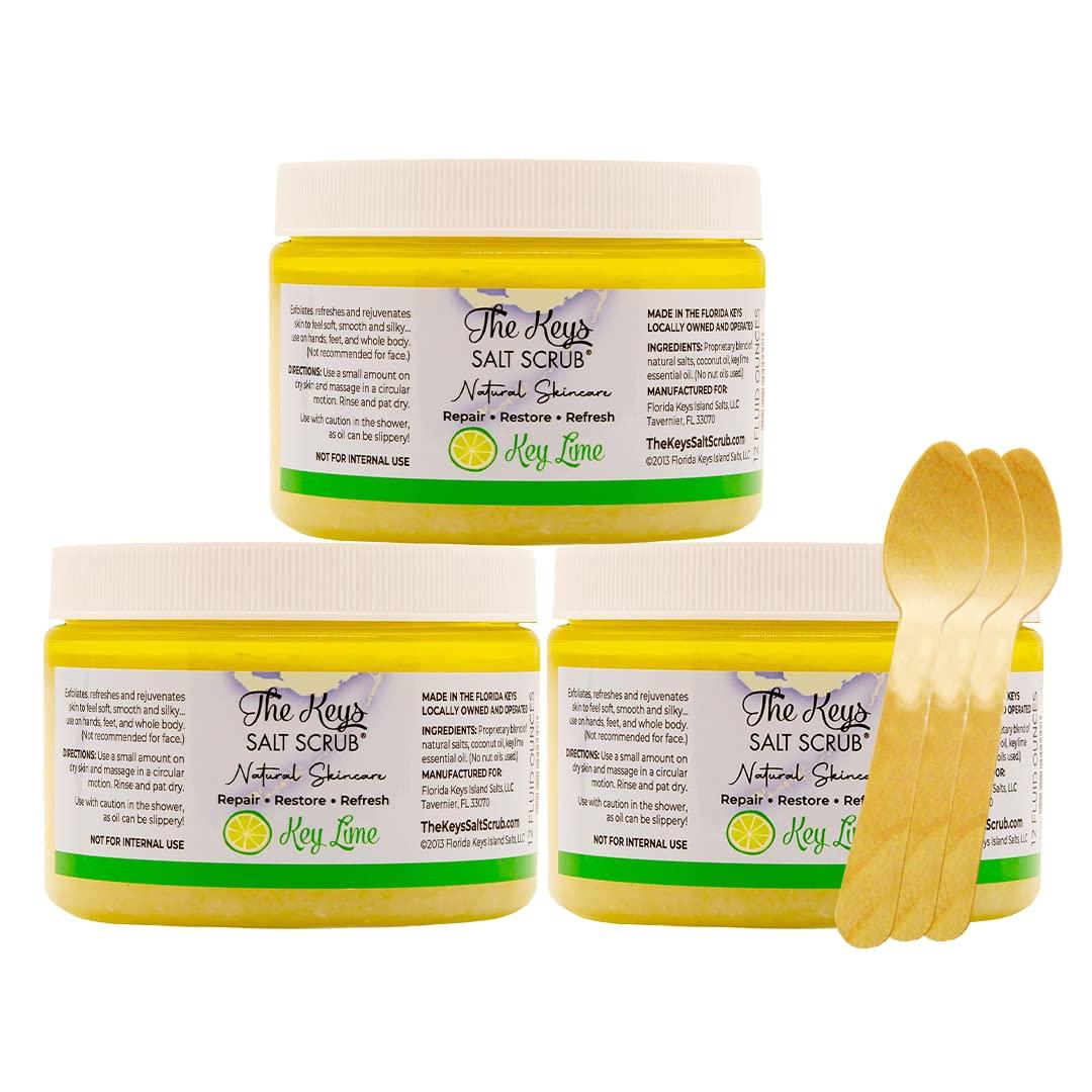 The Keys Salt Scrub The Keys Sea Salt ScrubExfoliating Body Scrub with Wooden Spoon  Organic Florida Key Lime Face, Hand, Foot & Bikini scrub Sea Salt Body Exfoliator with Essential Oils (Key Lime, 12 oz - 3 Pack)