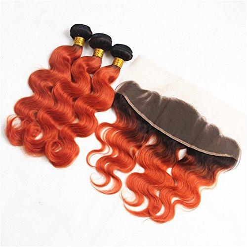 Ruma Hair Ruma Hair 8A Two Tone #1B/350 Orange Dark Root Ombre Brazilian Soft Virgin Human Hair Weave 3 Bundles With Body Wave Ear to Ear 13x4 Full Lace Frontal Closure Natural Hairline 4Pcs Lot (22+22 24 26)