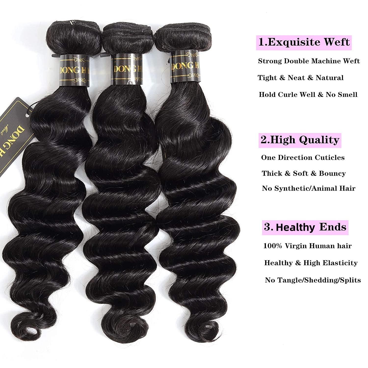 DONG H hair Peruvian Loose Deep Wave Bundles with Closure, (18 20 22 with 16 Closure) Long Loose Deep Curly Hair 10A Peruvian Virgin Human Hair 3 Bundles with 4x4 Top French Lace Closure with Baby Hair