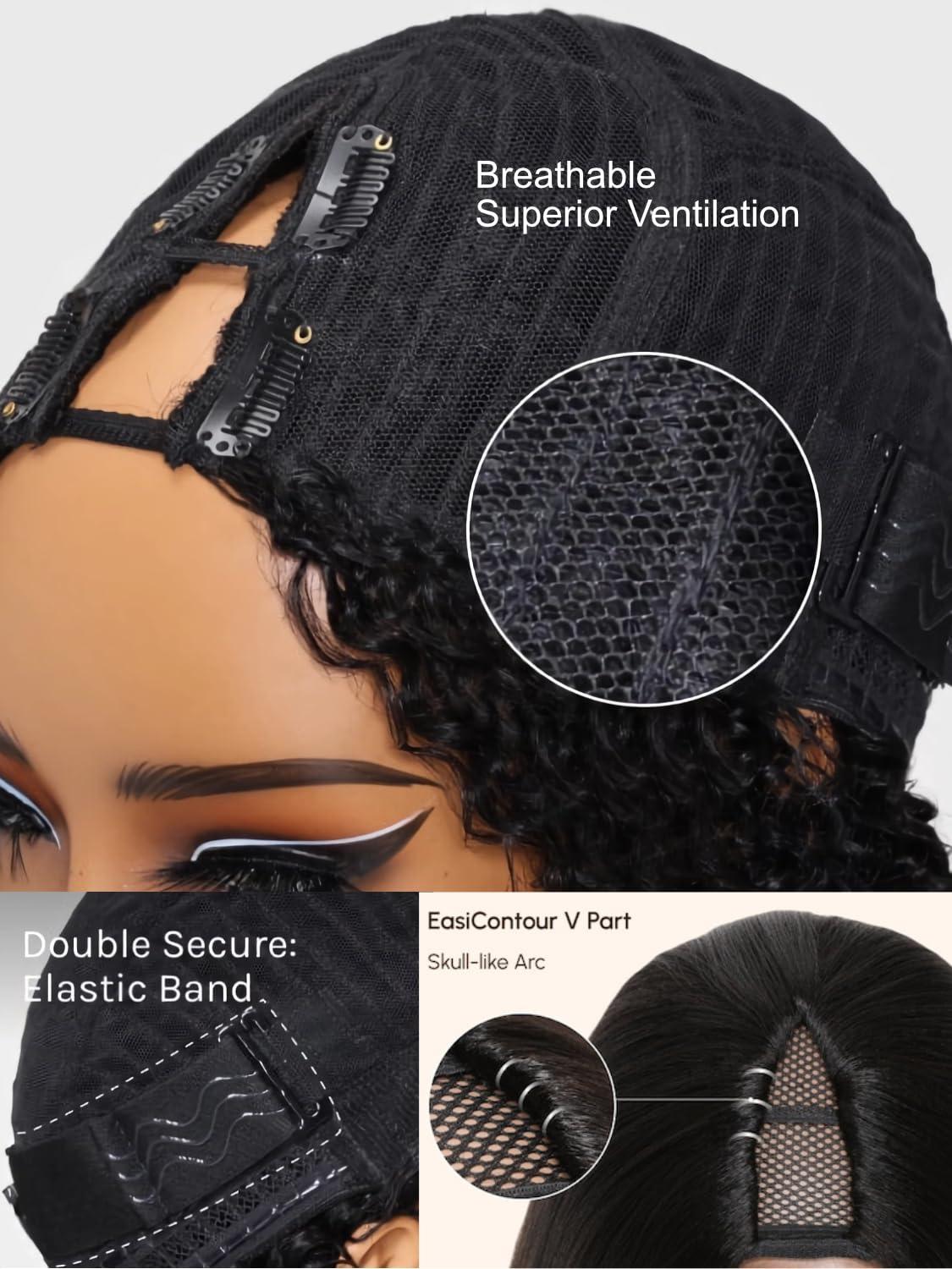 Julia Hair Julia Hair V Part Human Hair Wig Kinky Straight for Women Glueless Wigs Brazilian Virgin Human Hair Wigs Upgrade Upart Wig No Leave Out No Glue No Sew Natural Black Beginner Friendly 16 Inch