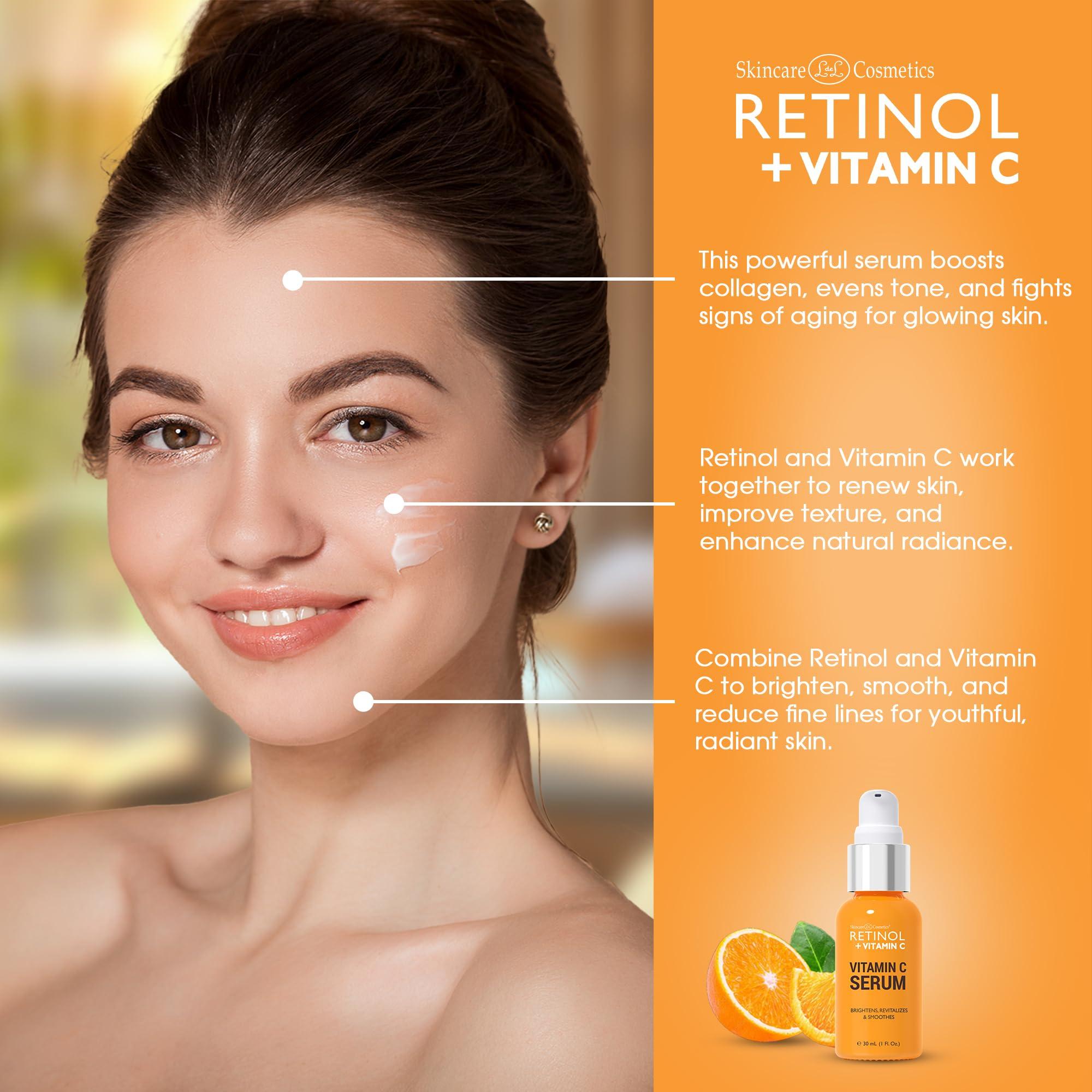 Retinol Retinol + Vitamin C Face Serum - Anti Aging Facial Serum, Evens Skin Tone, Diminishes Fine Lines and Wrinkles, Sun Damage & Dark Spots, Restores Radiance, Locks In Moisture - 1 FL. Oz