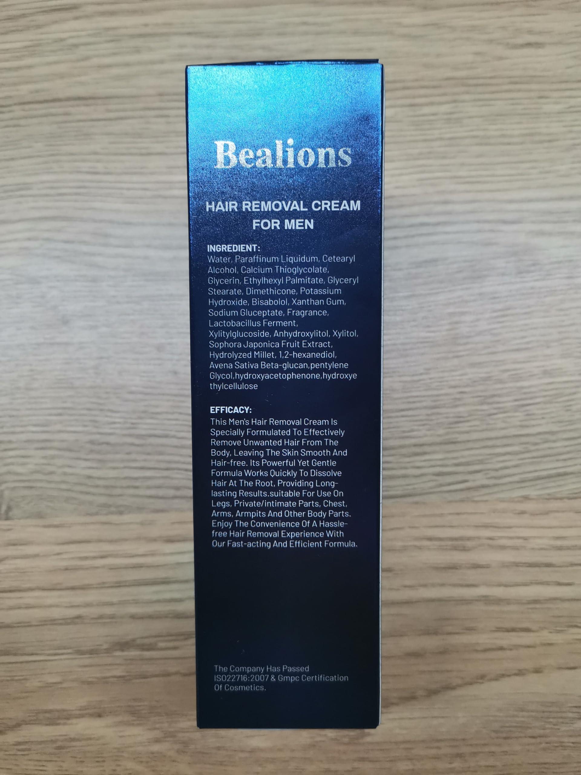Bealions Gentle Hair Removal Cream for Men: No Irritation to Skin - Intimate/Private Areas Effective Hair Removal - Body Depilatory Cream to Remove Unwanted Hair 80ml