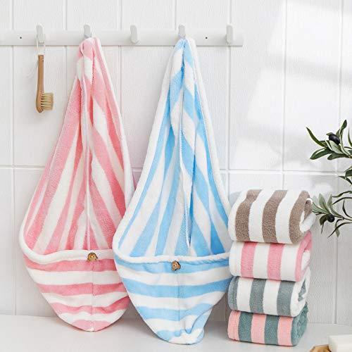 KDLF Hair Drying Cap Towel Absorbent Thickening Dry Hair Cap Bathroom Shower Drying Hair Cap Striped Shower Cap Soft Turban Striped Towel (Powder White Strip 01)