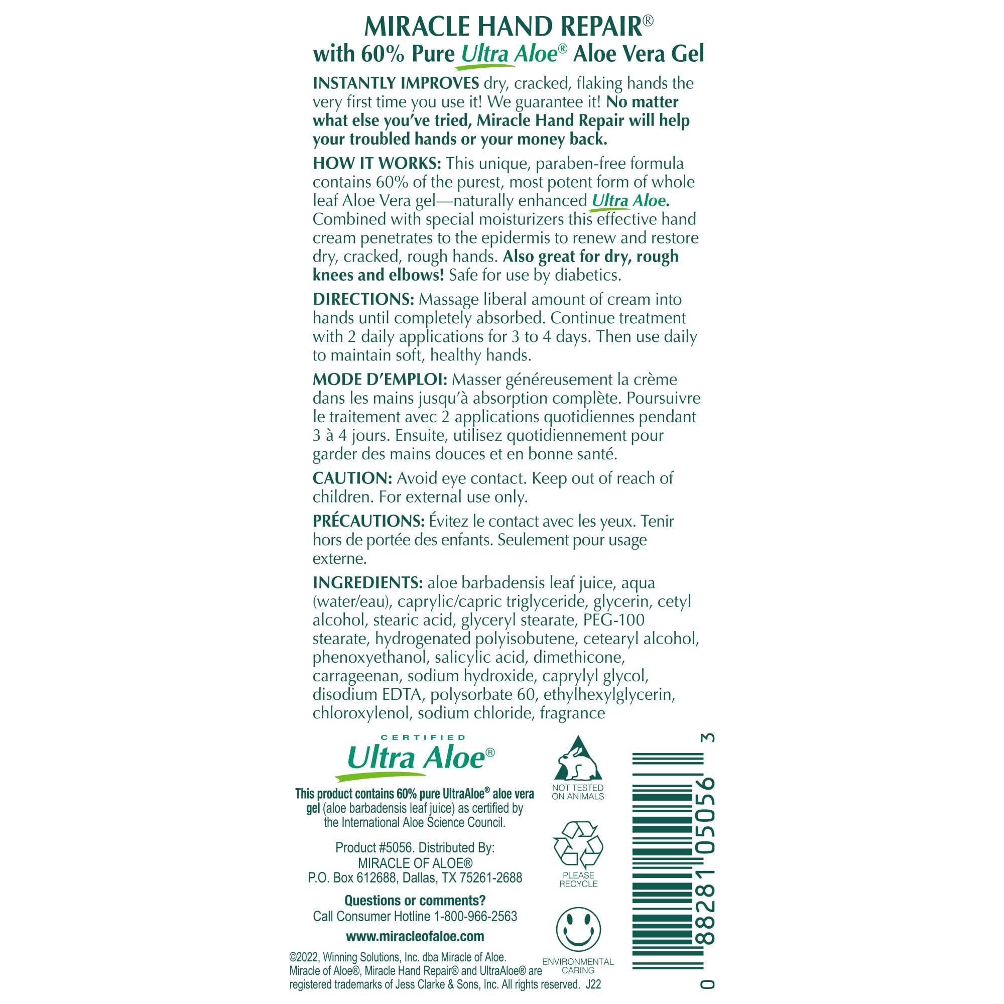 Miracle of Aloe Miracle of Aloes Miracle Hand Repair Cream 4 oz Healing Aloe Vera Lotion for Dry, Cracked Hands with 60% Ultra Aloe Gel - Moisturizes, Softens, and Repairs - Non-Greasy (2-Pack)