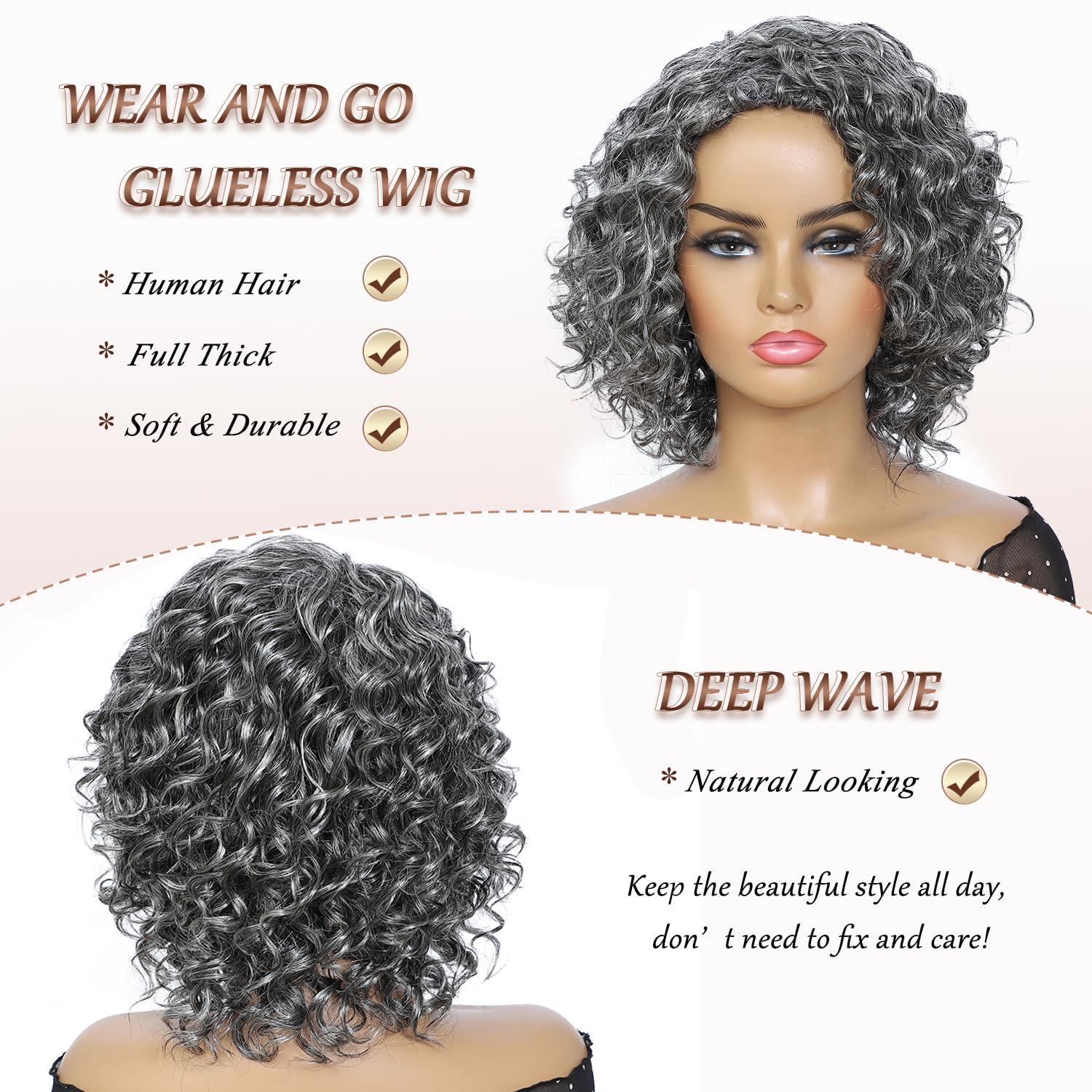 HUA HUA Salt and Pepper Grey Wigs Human Hair for Black Women Glueless Deep Wave Grey Human Hair Wig for Older Women Gray Wigs for Women Human Hair Mixed Bob Wear and Go Glueless Grey Wig