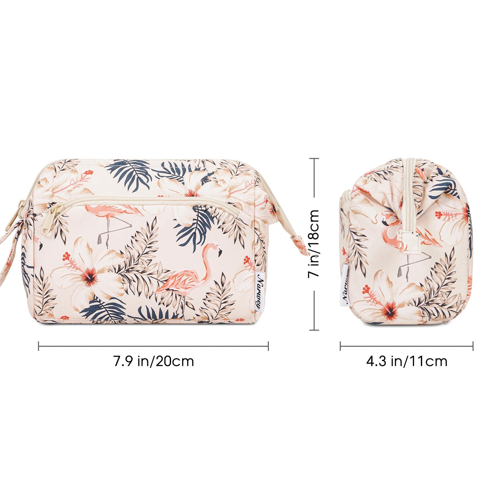 Narwey Narwey Large Women Makeup Bag Wide-open Make up Bag Travel Cosmetic Organizer Toiletry Bag for Cosmetics Toiletries Accessories (Beige Flamingo)