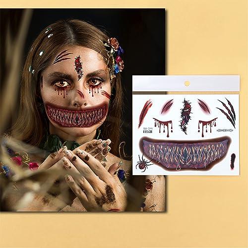 BWDCQMX Halloween Clown Horror Mouth Tattoo 3D Fake Scars Tattoo Temporary Scary Big Mouth Face Tattoos Decals Kits Prank Props for Halloween Cosplay Party Decorations