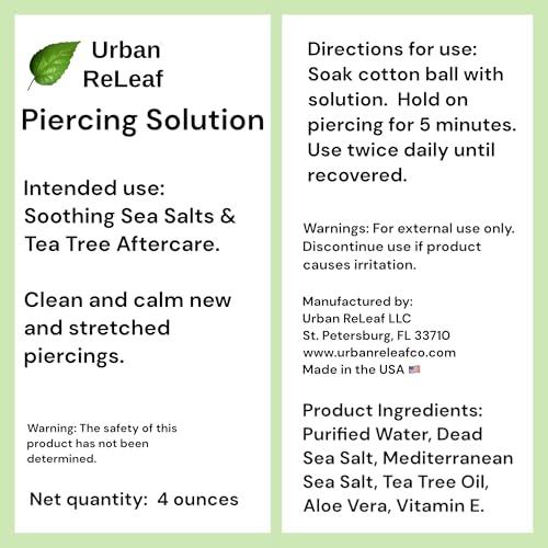 Urban ReLeaf Urban ReLeaf Piercing Solution ! Soothing Sea Salts & Tea Tree AFTERCARE 4 oz, Ready to use. Safely Clean and Calm New & Stretched Piercings. Gentle Effective Natural & Proven. Works Fast