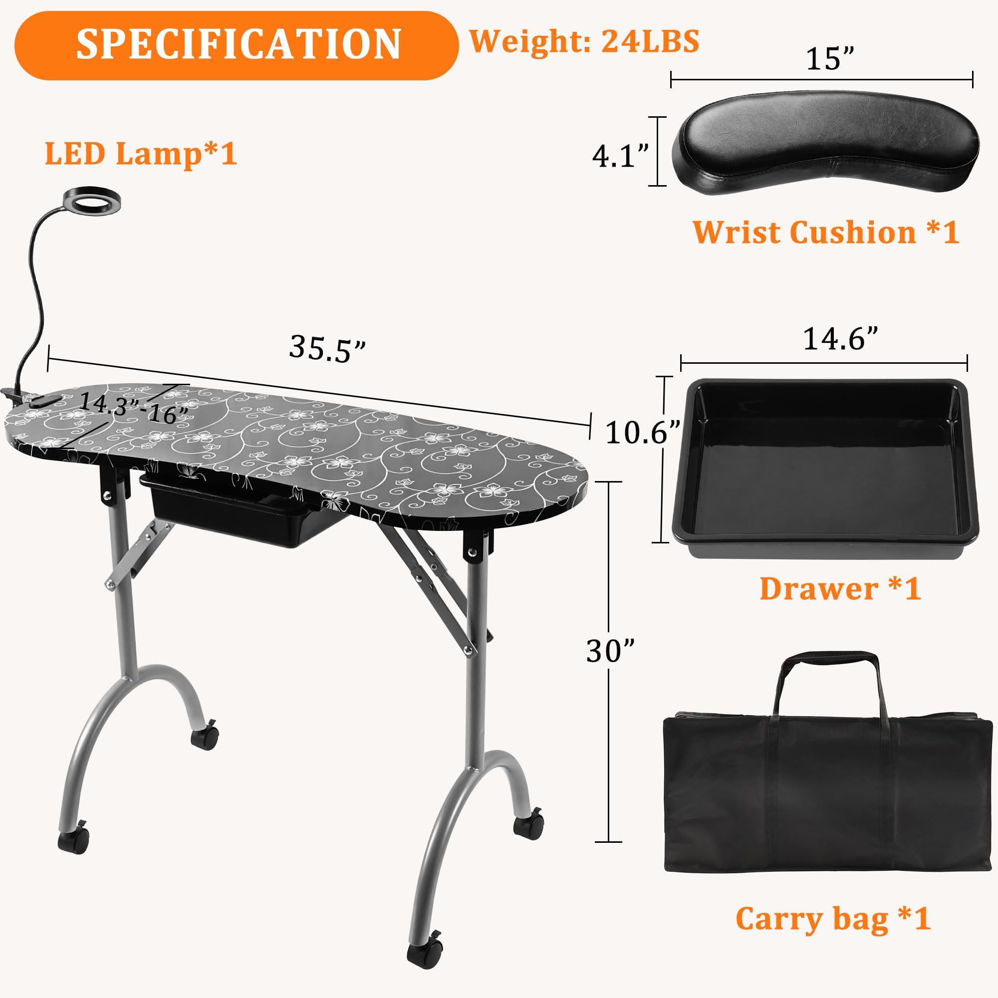Alohappy Alohappy Portable & Foldable Manicure Table Nail Desk on Wheels with Drawer, Updated USB-Plug LED Table Lamp, Client Wrist Pad, Carry Bag for Home Spa Beauty Salon Workstation, Black 30" H