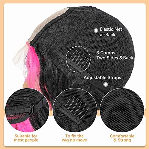 Aigemei Pink Skunk Stripe Wavy Wigs 22inch Highlight Synthetic Hair Lace Wig Ombre Hair Wigs for Black Women Middle Part Fake Scalp Long Wavy Wig